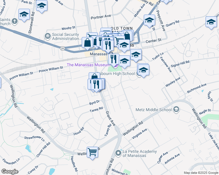 map of restaurants, bars, coffee shops, grocery stores, and more near 9611 Brent Street in Manassas