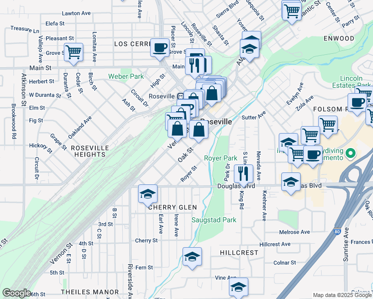 map of restaurants, bars, coffee shops, grocery stores, and more near 500 Oak Street in Roseville