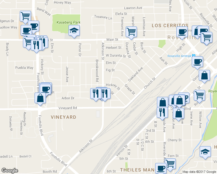 map of restaurants, bars, coffee shops, grocery stores, and more near 310 Hickory Street in Roseville