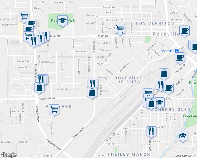 map of restaurants, bars, coffee shops, grocery stores, and more near 310 Hickory Street in Roseville