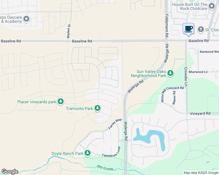 map of restaurants, bars, coffee shops, grocery stores, and more near Walerga Road in Roseville