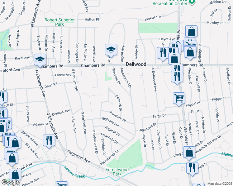 map of restaurants, bars, coffee shops, grocery stores, and more near 1026 Chambers Road in Ferguson