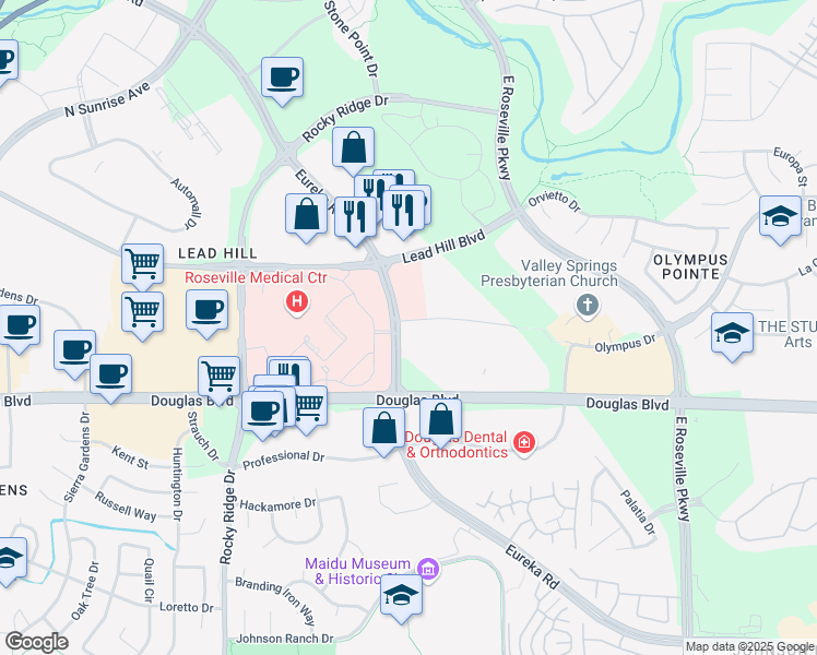 map of restaurants, bars, coffee shops, grocery stores, and more near 1663 Eureka Road in Roseville