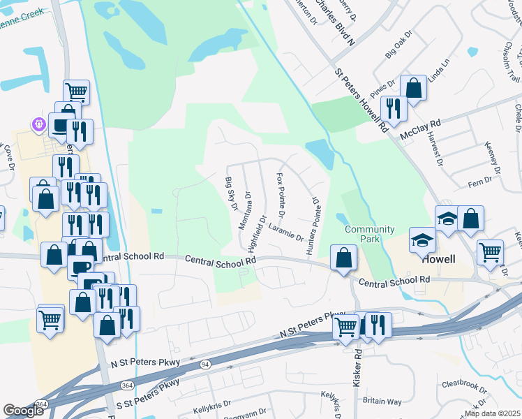 map of restaurants, bars, coffee shops, grocery stores, and more near 533 Highfield Drive in Saint Charles