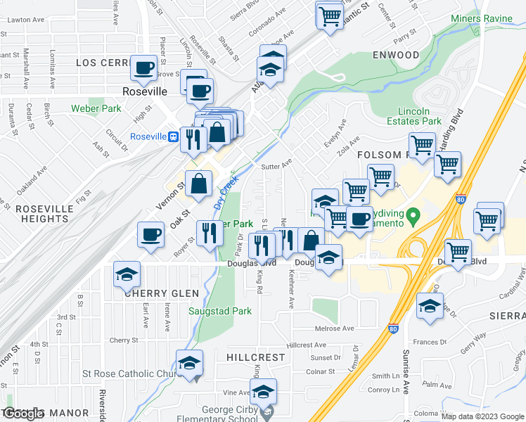 map of restaurants, bars, coffee shops, grocery stores, and more near 152 South Lincoln Street in Roseville
