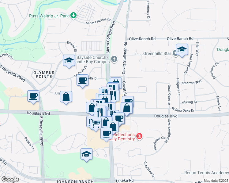 map of restaurants, bars, coffee shops, grocery stores, and more near 8221 Sierra College Boulevard in Roseville