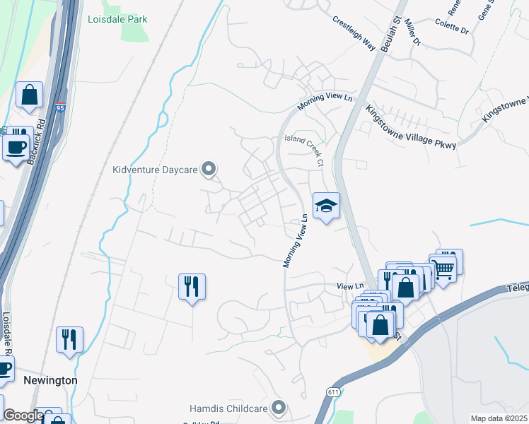 map of restaurants, bars, coffee shops, grocery stores, and more near 6608 Hunter Creek Lane in Alexandria