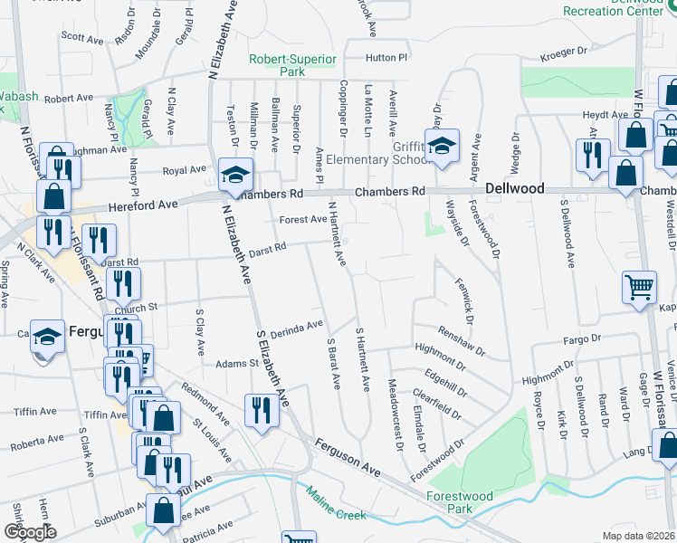 map of restaurants, bars, coffee shops, grocery stores, and more near 7 North Hartnett Avenue in Ferguson