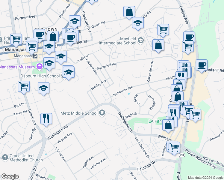 map of restaurants, bars, coffee shops, grocery stores, and more near 9613 Fairview Avenue in Manassas