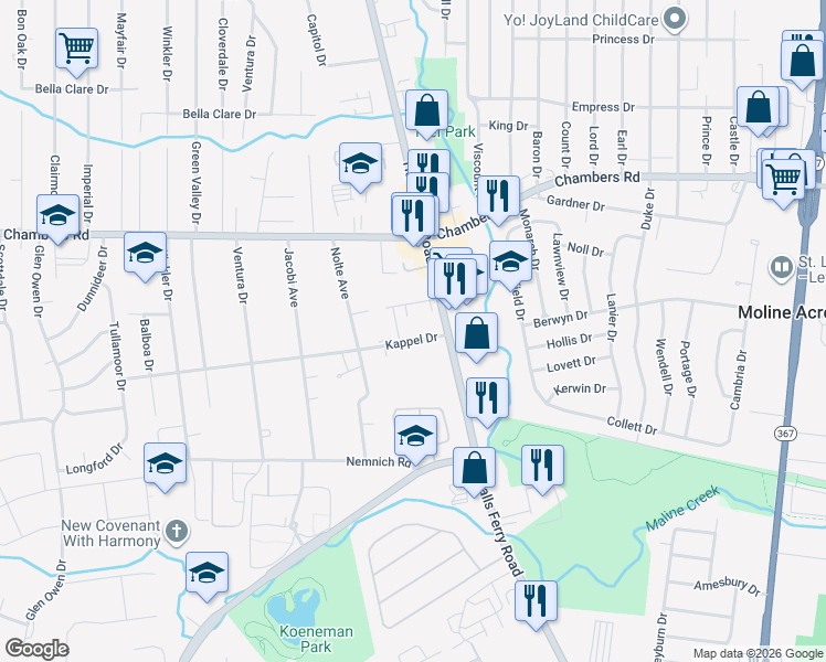 map of restaurants, bars, coffee shops, grocery stores, and more near 2135 Kappel Drive in St. Louis