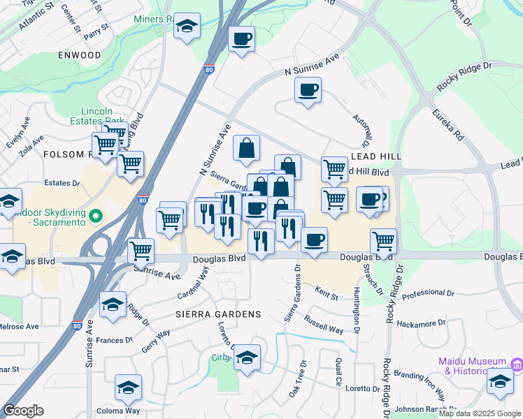 map of restaurants, bars, coffee shops, grocery stores, and more near 1740 Santa Clara Drive in Roseville
