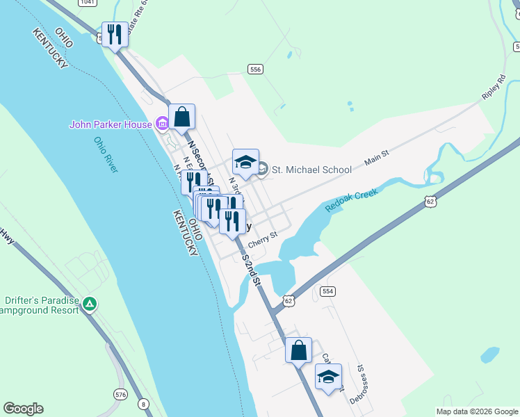 map of restaurants, bars, coffee shops, grocery stores, and more near 14 North 3rd Street in Ripley