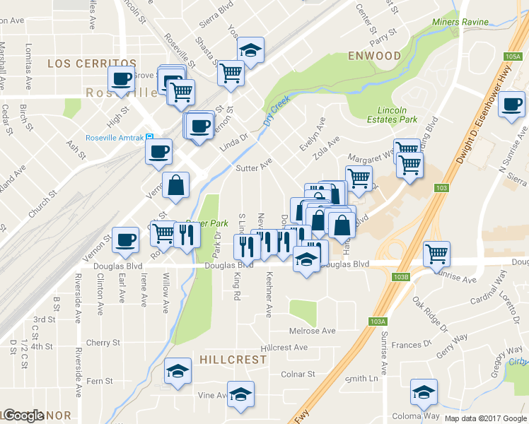 map of restaurants, bars, coffee shops, grocery stores, and more near 155 Nevada Avenue in Roseville
