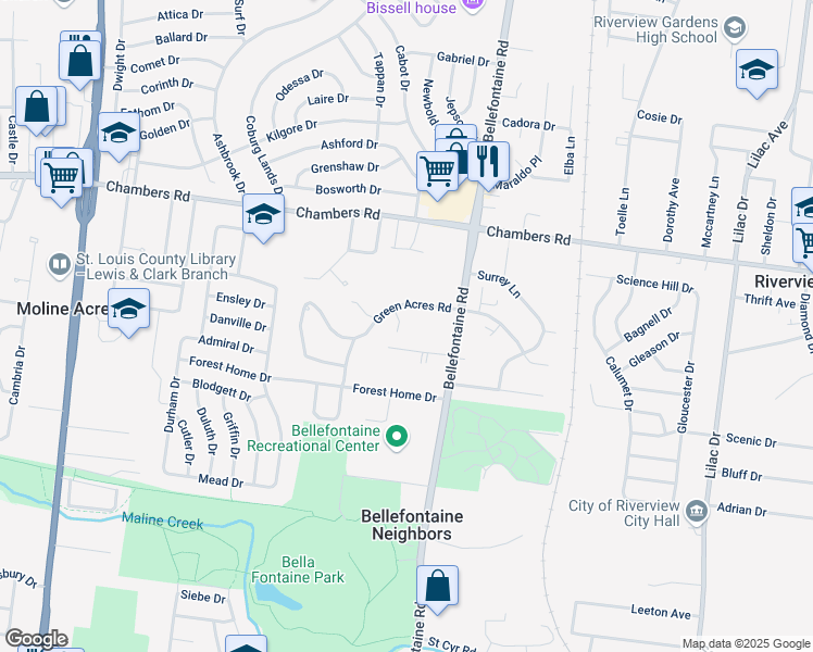 map of restaurants, bars, coffee shops, grocery stores, and more near 91 Green Acres Road in St. Louis