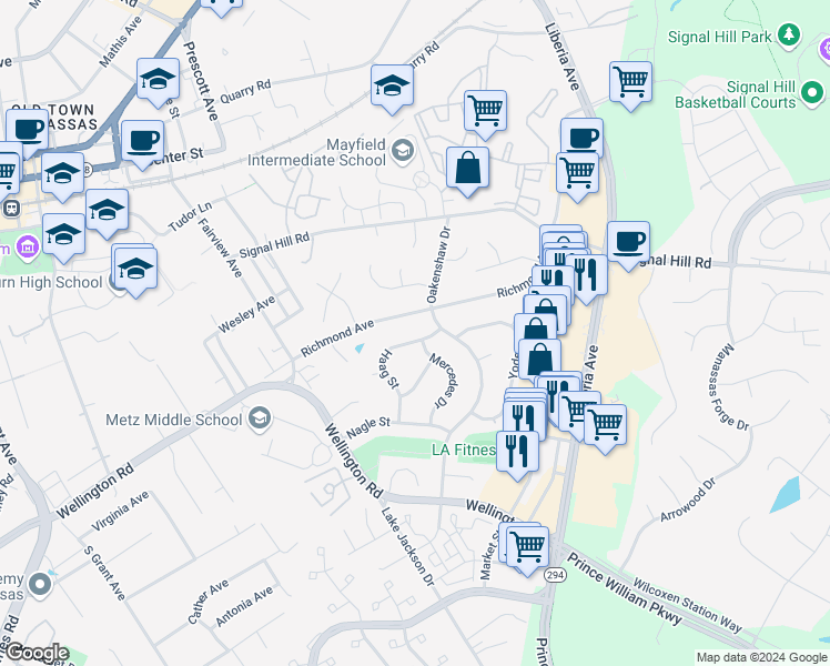 map of restaurants, bars, coffee shops, grocery stores, and more near 8604 Haag Street in Manassas