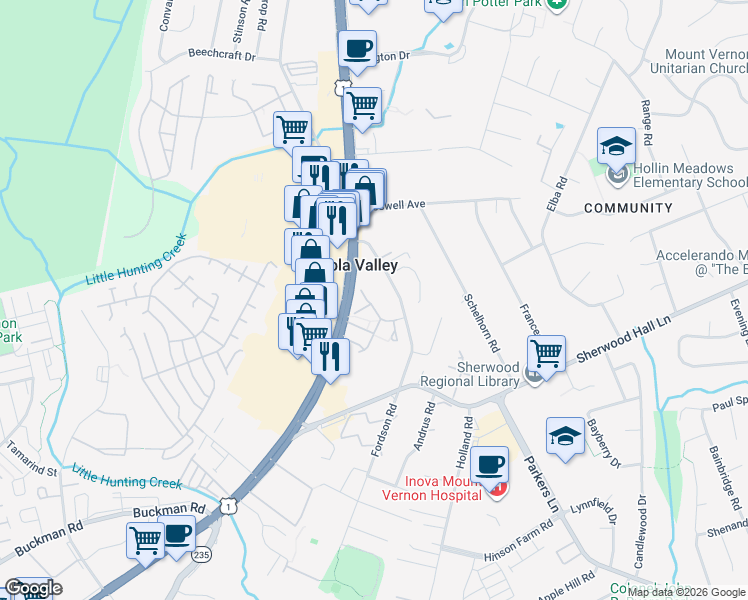 map of restaurants, bars, coffee shops, grocery stores, and more near 7821 Gum Springs Village Drive in Alexandria