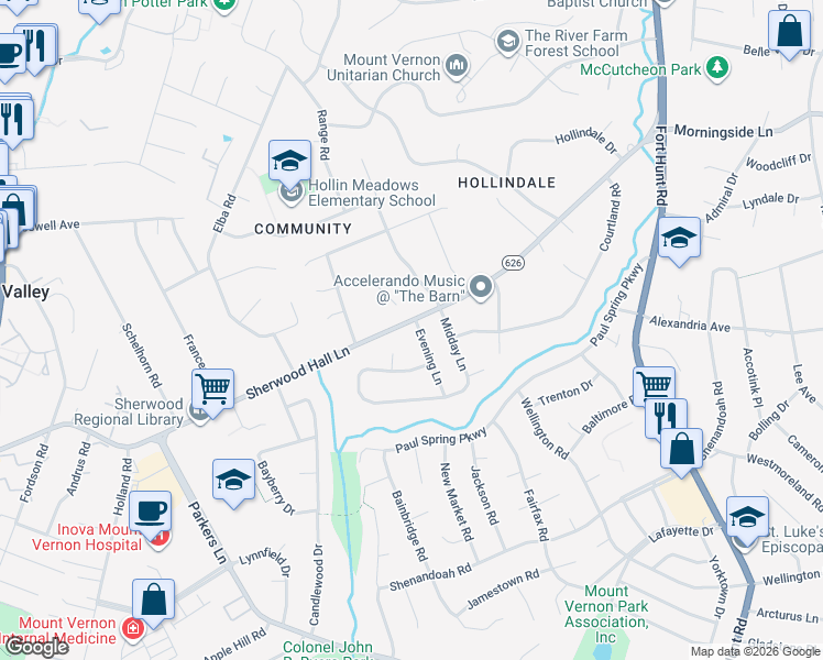 map of restaurants, bars, coffee shops, grocery stores, and more near 2109 Sherwood Hall Lane in Alexandria