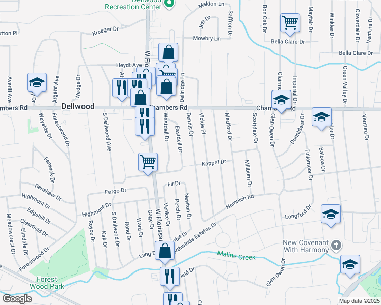 map of restaurants, bars, coffee shops, grocery stores, and more near 9817 Dennis Drive in St. Louis