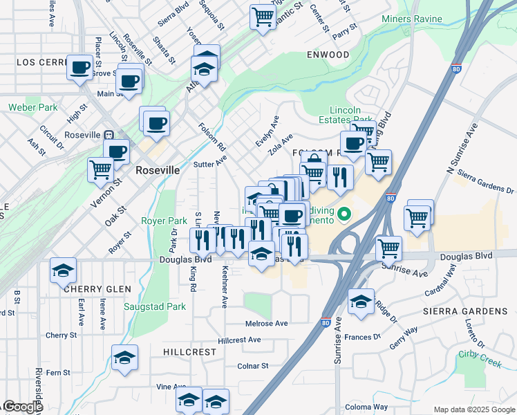 map of restaurants, bars, coffee shops, grocery stores, and more near 286 Folsom Road in Roseville
