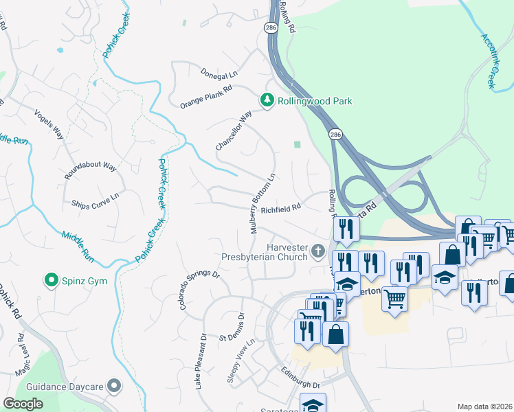 map of restaurants, bars, coffee shops, grocery stores, and more near 7826 Richfield Road in Springfield