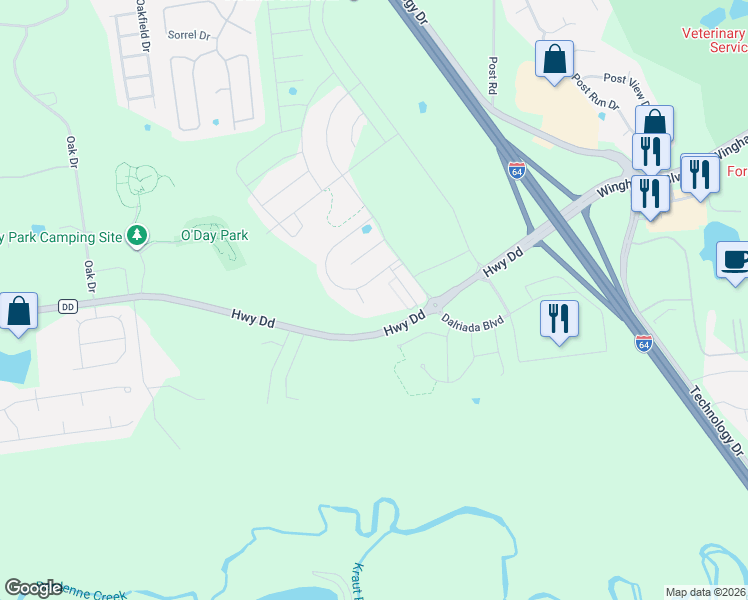 map of restaurants, bars, coffee shops, grocery stores, and more near 8799 Highway Dd in O'Fallon