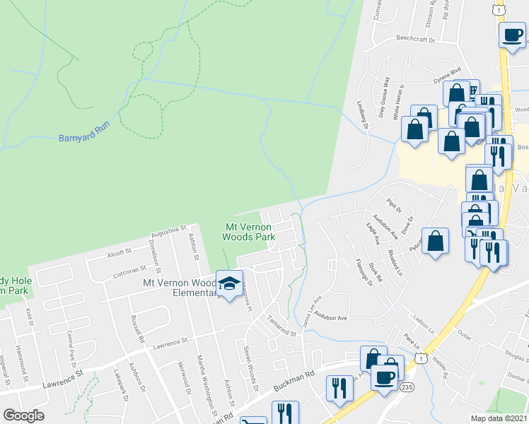 map of restaurants, bars, coffee shops, grocery stores, and more near 7907 San Leandro Place in Alexandria