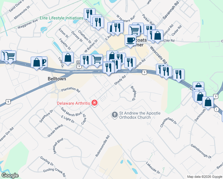 map of restaurants, bars, coffee shops, grocery stores, and more near 17573 Road 276 in Lewes