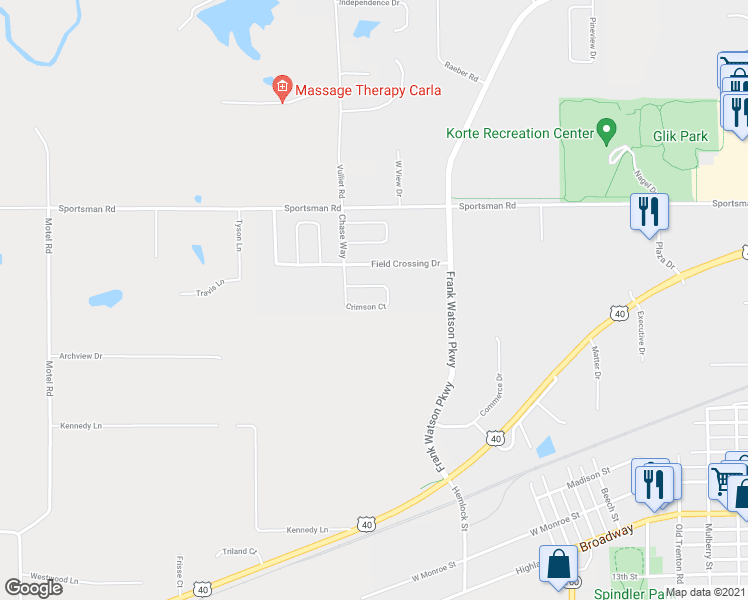 map of restaurants, bars, coffee shops, grocery stores, and more near 110 Crimson Court in Highland
