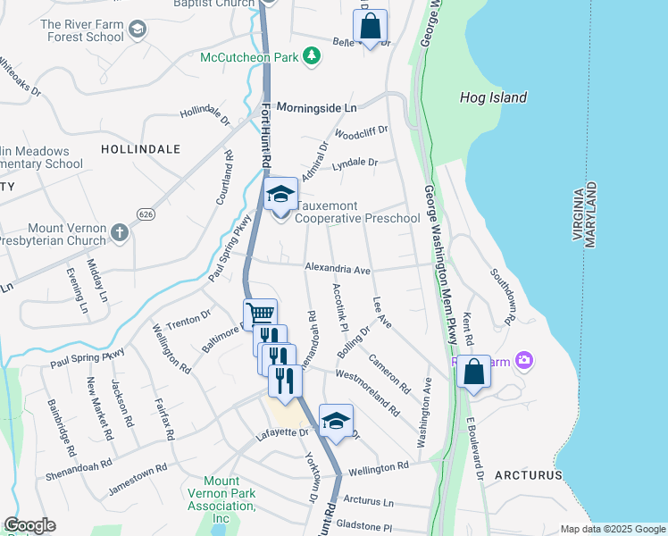 map of restaurants, bars, coffee shops, grocery stores, and more near Alexandria Avenue in Alexandria