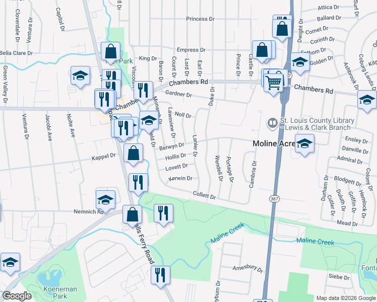 map of restaurants, bars, coffee shops, grocery stores, and more near in Moline Acres