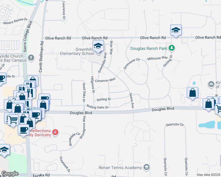 map of restaurants, bars, coffee shops, grocery stores, and more near 4692 Montclair Court in Roseville