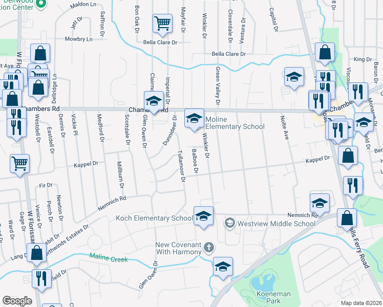 map of restaurants, bars, coffee shops, grocery stores, and more near 9825 Balboa Drive in St. Louis