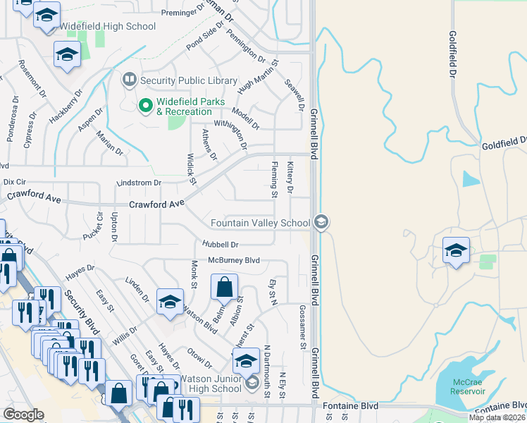 map of restaurants, bars, coffee shops, grocery stores, and more near 1050 Hartell Drive in Colorado Springs