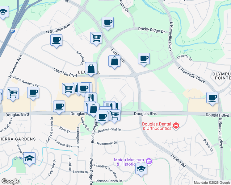 map of restaurants, bars, coffee shops, grocery stores, and more near 1600 Eureka Road in Roseville