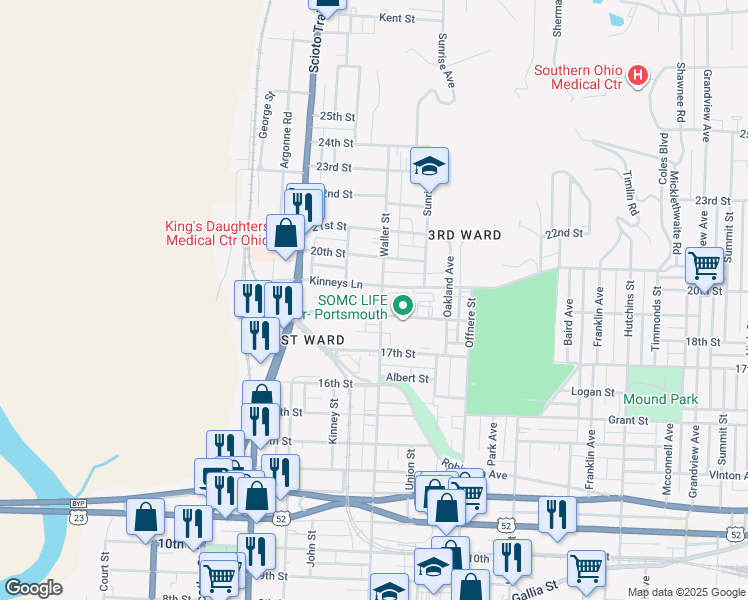 map of restaurants, bars, coffee shops, grocery stores, and more near 1815 Waller Street in Portsmouth