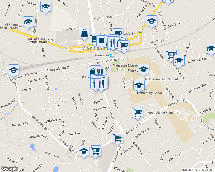 map of restaurants, bars, coffee shops, grocery stores, and more near 9606 Brent St in Manassas