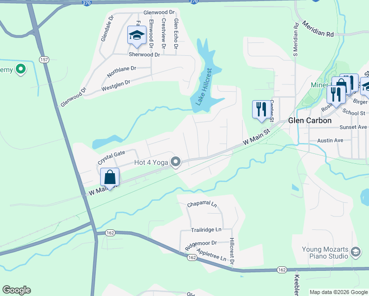 map of restaurants, bars, coffee shops, grocery stores, and more near 30 Williamsburg Lane in Glen Carbon