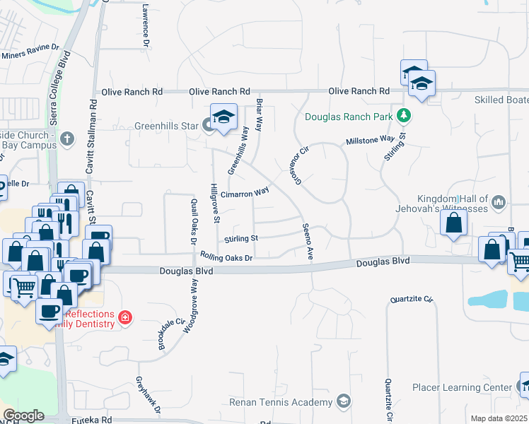 map of restaurants, bars, coffee shops, grocery stores, and more near 4692 Montclair Court in Roseville