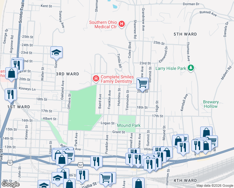 map of restaurants, bars, coffee shops, grocery stores, and more near 1915 Hutchins Street in Portsmouth