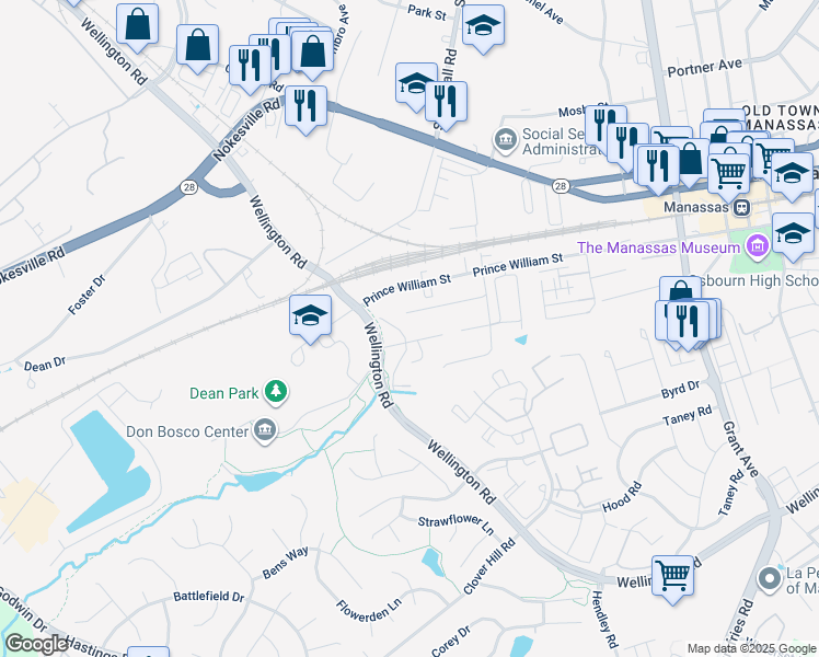 map of restaurants, bars, coffee shops, grocery stores, and more near 9653 Old Wellington Rd in Manassas