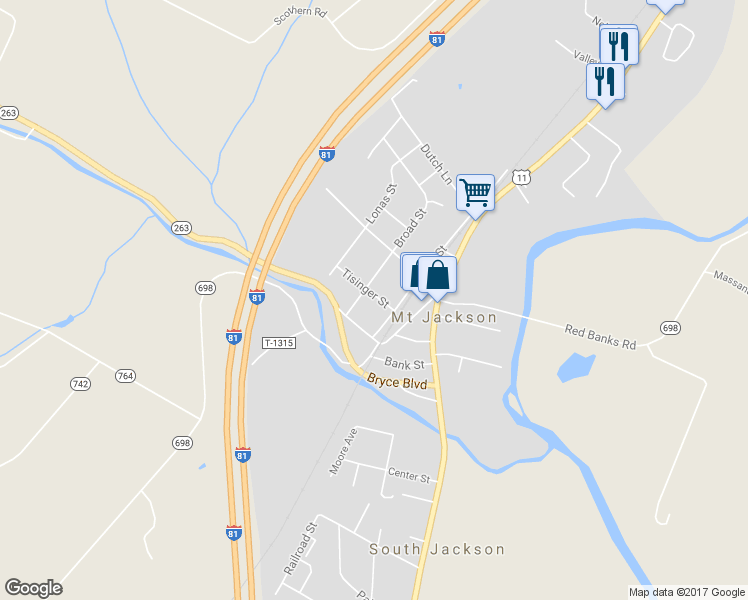 map of restaurants, bars, coffee shops, grocery stores, and more near 231 Tisinger Street in Mount Jackson