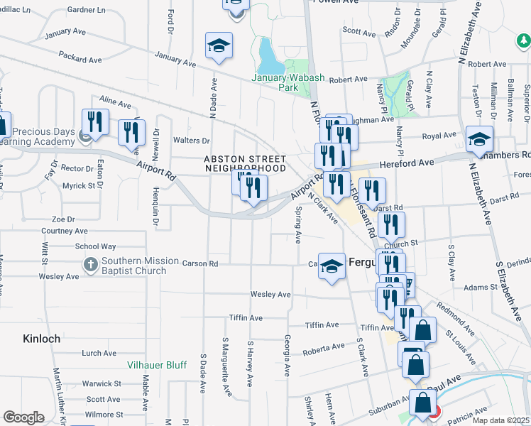 map of restaurants, bars, coffee shops, grocery stores, and more near 504 Airport Road in Ferguson