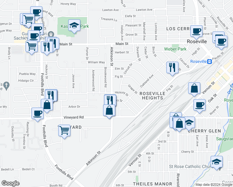 map of restaurants, bars, coffee shops, grocery stores, and more near 310 Hickory Street in Roseville