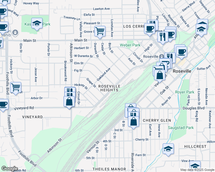map of restaurants, bars, coffee shops, grocery stores, and more near 116 Fig Street in Roseville