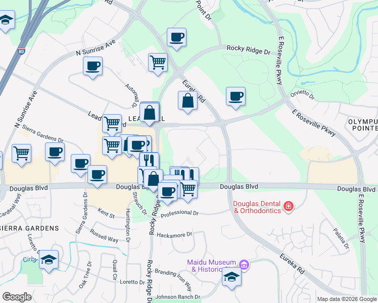 map of restaurants, bars, coffee shops, grocery stores, and more near 1600 Eureka Road in Roseville