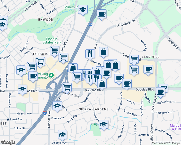 map of restaurants, bars, coffee shops, grocery stores, and more near in Roseville