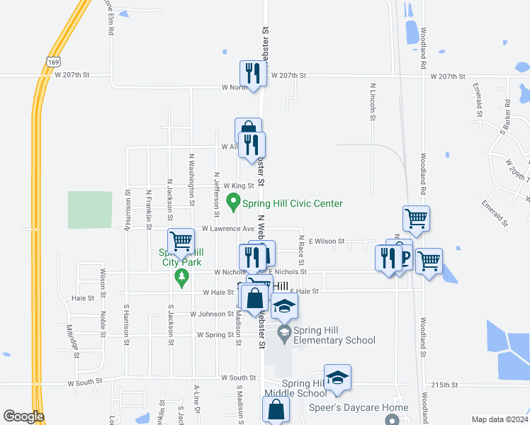 map of restaurants, bars, coffee shops, grocery stores, and more near 306 North Webster Street in Spring Hill