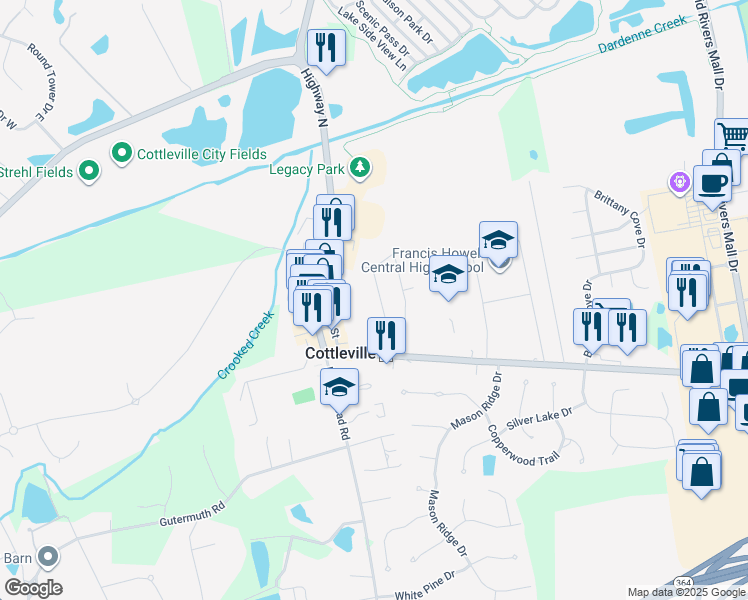 map of restaurants, bars, coffee shops, grocery stores, and more near 5327 Pinefield Drive in Cottleville
