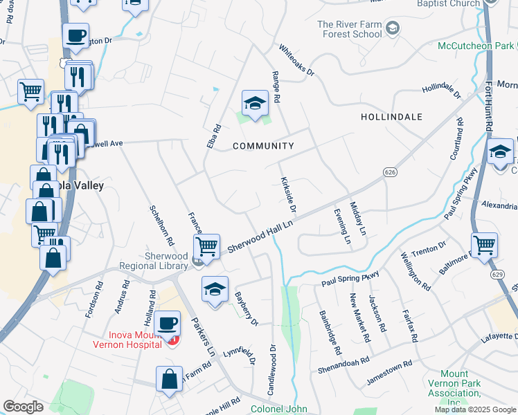 map of restaurants, bars, coffee shops, grocery stores, and more near 7812 Elba Road in Alexandria