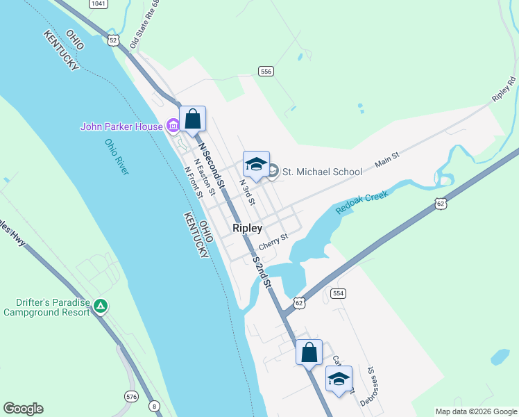 map of restaurants, bars, coffee shops, grocery stores, and more near 14 North 3rd Street in Ripley